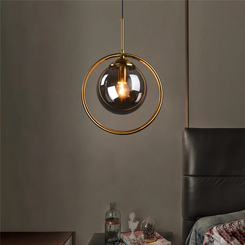 Light-on Smoked Glass Globe Sizzle Pendant Ceiling Light with gold-ring for dining room, hallway, kitchen, living room and bedroom