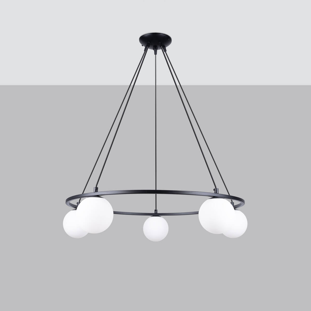 Close-up of White Glass Space Chandelier Ceiling Light with Black Finish for Dining Room, Hallway, Kitchen, and Living Room