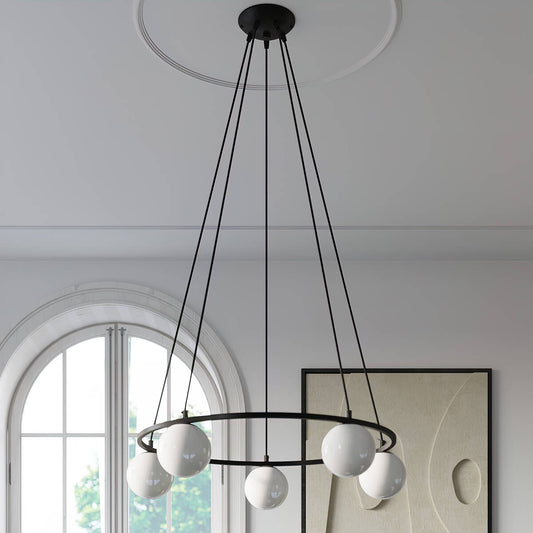 White Glass Space Chandelier Ceiling Light with Black Finish for Dining Room,  Hallway, Kitchen and Living Room