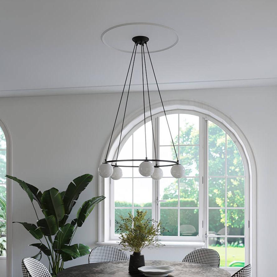 White Glass Space Chandelier Ceiling Light with Black Finish with Clear View for Dining Room,  Hallway, Kitchen and Living Room