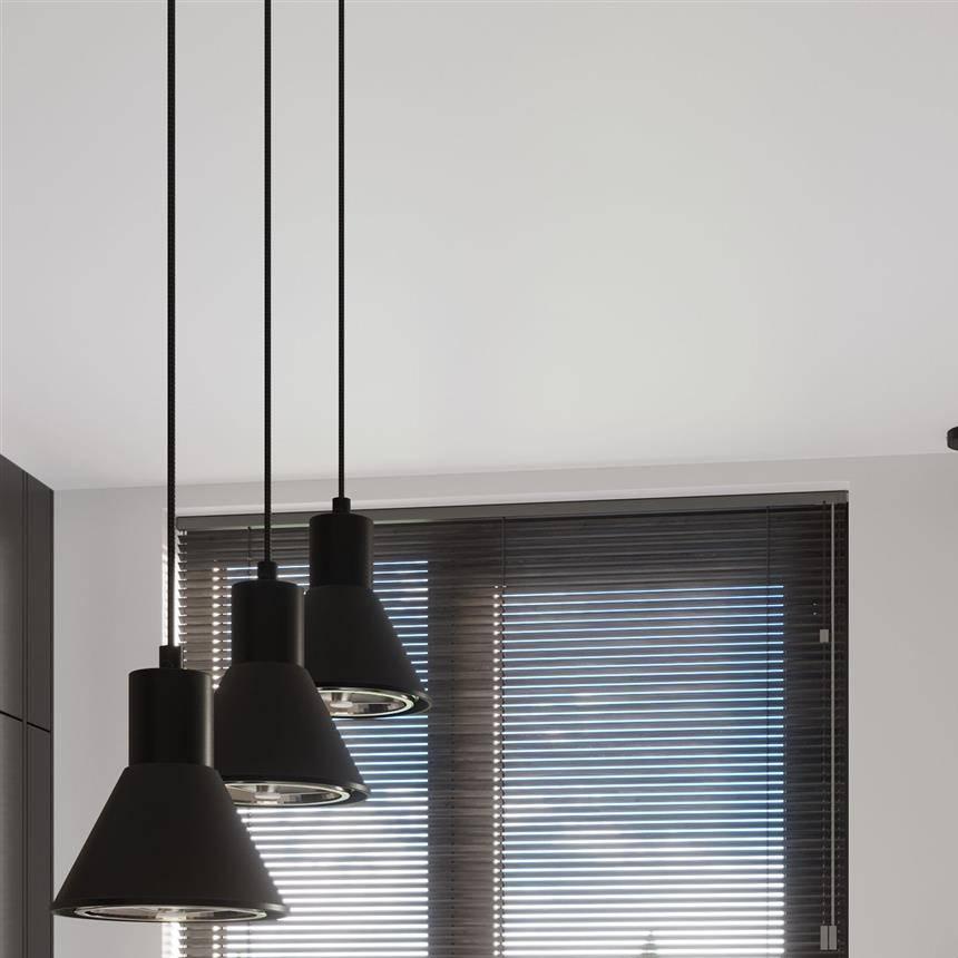 Close-up Triple Black Pendant Light for Bathroom, Bedroom, Hallway, Kitchen, Dining Room, and Living Room with black cord