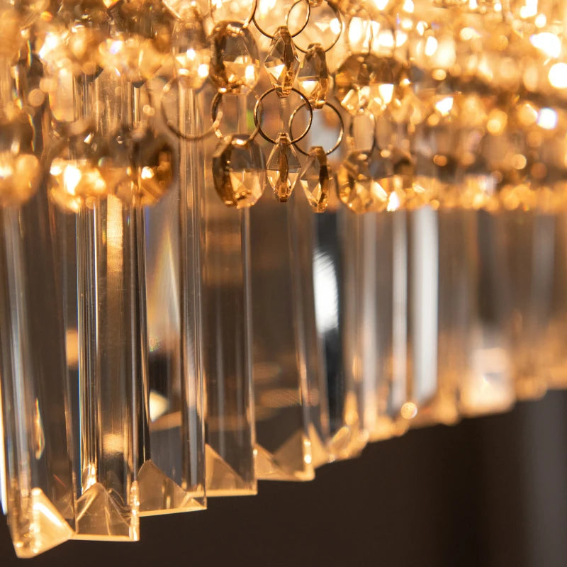 Close-up of Crystal of Layered Crystal Glass Semi-Flush Chandelier Low Ceiling Light for Dining Room, Hallway, and Living Room