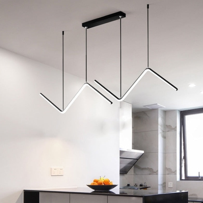 Sidewise view of Black Zigzag LED Pendant Chandelier Ceiling Light for Kitchen, Living Room and Dining Room placed above the kitchen counter